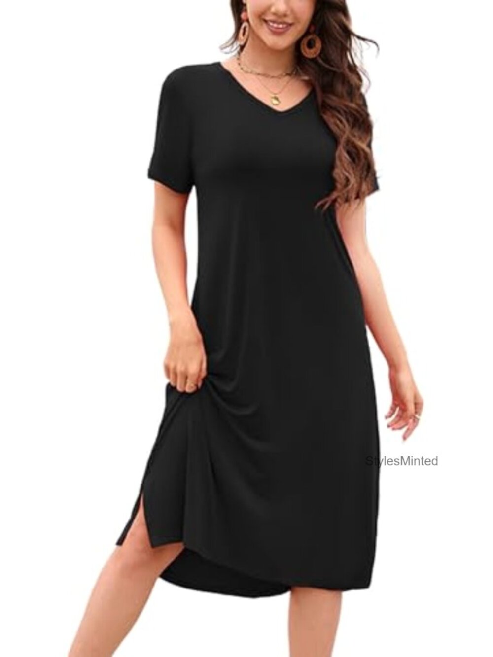 Summer Side Split T-Shirt Dress Casual V-Neck Short Sleeve